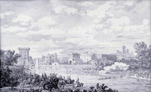 Italienska landsbygden: den franska armén passerade floden Mincio till Borghetto 1796. Anonym teckning. Paris, Louvren av French School