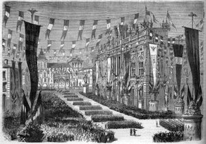 Italiens enande, Turin, 2 april 1860: utsmyckning av slottstorget (Piazza Castello) med anledning av öppnandet av det italienska parlamentet. Gravyr i "" Le Monde Illustré"" nr 157 av 14 april 1860. av French School