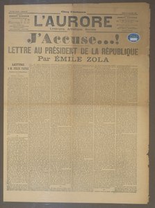 JAnklagebrev av Emile Zola (1840-1902), publicerat i LAurore, 13 januari 1898 (tryckt) av French School