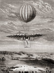 Jacob Degens ornitopter från 1808 med klaffventiler, där piloten stod på en stel ram och manövrerade vingarna med en rörlig horisontell stång, från "Les Merveilles de la Science", publicerad ca 1870 (litografi) av French School