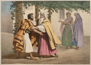 Jacob med Laban och hans döttrar, illustration från en katekes LHistoire Sainte, utgiven av Charles Delagrave, Paris, sent 1800-tal av French School