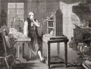 James Watt i sin verkstad i Glasgow förbättrade Thomas Newcomens 1712 Newcomen ångmaskin med sin Watt ångmaskin 1781, från Les Merveilles de la Science, pub.1870. av French School