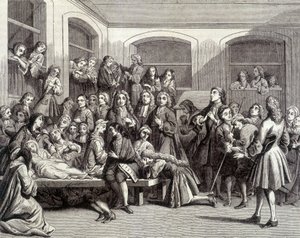 Jansenism: konvulsionerna på kyrkogården Saint-Médard på diakonen Parîs (1690 - 1727) grav där "mirakel" inträffade. 1700-talstryck. av French School