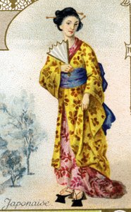 japansk kvinna. Upplaga av den parisiska litografin, slutet av 1800-talet. Serie om 25 reklamkromoner för Dijon-tillverkningen av Biscuits Pernot, skapad 1869. Detalj av karaktärerna i traditionell kostym av French School