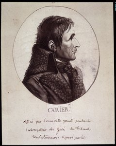 Jean Baptiste Carrier (1756-1794), tecknar av Gouneville under förhöret av Revolutionsdomstolens Projures av French School