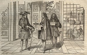 Jean Baptiste Colbert (Jean-Baptiste) (1619-1683) i möte med kung Ludvig XIV och Francois Louvois (1641-1691) i Versailles - gravyr efter Leclerc - av French School