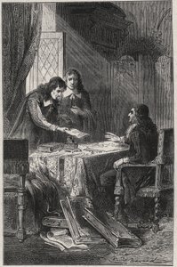 Jean Chapelain (1595-1674) fransk poet och litteraturkritiker och Pierre Costar (1603-1660) gav Jean Baptiste Colbert (1619-1683) en lista över författare som förtjänar att bli pensionärer av kungen - gravyr i "Les Hommes Celebres de la Frankrike” av Louis av French School