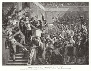 Jean Denis, komte Lanjuinais, på talarstolen för konventet, franska revolutionen, 2 juni 1793 av French School