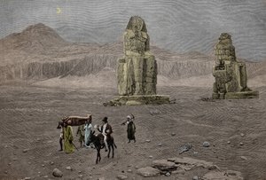 Jean Francois Champollion vid Memnonkolosserna i Egypten (gravyr) av French School