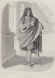 Jean Racine, fransk dramatiker, i Spegelsalen i Versailles (gravyr) av French School