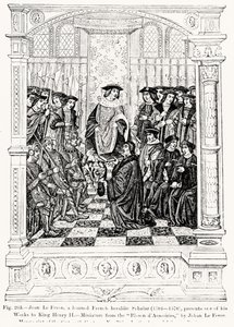 Jean le Feron (1504-70) presenterar ett av sina verk för kung Henrik II (1519-89) från Blason dArmoires, av Jean le Feron, illustration från vetenskap och litteratur under medeltiden och renässansskrivning av French School