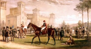 Jockey på sin häst på hage vid Longchamps kapplöpningsbana av French School