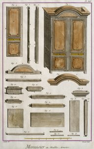 Snickare, ett skåp, illustration från Encyclopedie des Sciences et Metiers av Denis Diderot (1713-84) graverad av Robert Benard (fl.1734) publicerad ca 1770 (färgstick) av French School