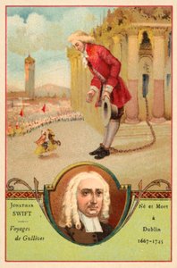 Jonathan Swift, irländsk författare, och en scen från hans roman Gullivers resor (chromolitho) av French School