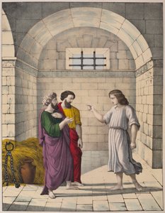 Joseph i fängelse förklarar överbagarens och överhovmästarens drömmar, illustration från en katekes LHistoire Sainte, utgiven av Charles Delagrave, Paris, sent 1800-tal av French School