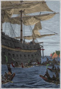 Samuel Wallis (1728-1795) resa till Polynesien: ursprungsbefolkningen som håller banangrenar i handen som en välkomsthälsning - illustration hämtad från "The Great Mariners of the 18th century"" av French School