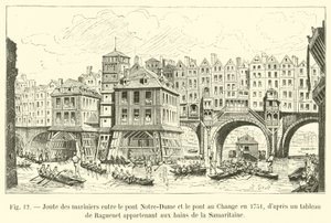 Sjöfolks tornerspel mellan Notre-Dame-bron och Change-bron 1751, efter en målning av Raguenet som tillhör Samaritaine-baden av French School