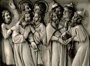 Judas tar emot trettio silverbitar, detalj av elfenbensdiptyk, franska av French School