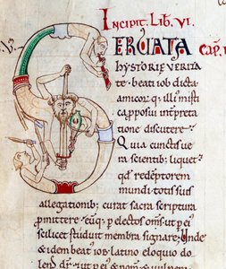 Jonglörer och musiker - lettrine S (initial). Miniatyr från manuskriptet "Moralia in Job", Morales sur Job av Saint Gregoire, från klostret i Citeaux av French School