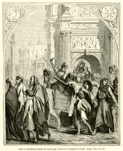 Judar och kristna fördrivna från Rom på order av kejsar Claudius (gravyr) av French School