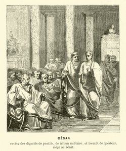 Julius Caesar i den romerska senaten (gravyr) av French School