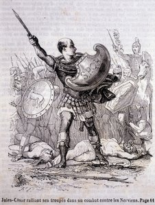 Julius Caesar samlar sina trupper i en kamp mot nerverna - i "Histoire de France" av L.-P. Anquetil av French School