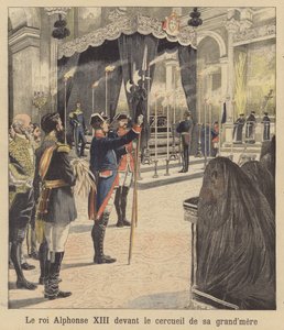 Kung Alfonso XIII av Spanien framför sin mormor, drottning Isabella II:s kista (färglitografi) av French School