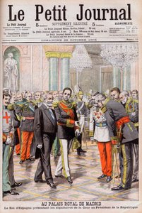 Kung Alfonso XIII av Spanien presenterar sitt hov för Frankrikes president Emile Loubet vid det kungliga palatset i Madrid. Vid det kungliga palatset i Madrid. Kungen av Spanien Alfonso XIII presenterar hovets dignitärer för republikens president Loubet av French School
