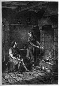 “ Kung Alfred den Store (849-899) glömmer kakorna som det danska huset lagade under hennes tak i Athelney och bränner dem, 878 (gravyr) av French School