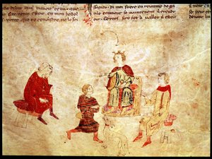Kung Arthur på sin tron omgiven av sina rådgivare, från Roman de Meliadus av French School