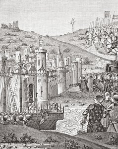 Kung Charles VII, efter att ha lämnat Rouen, ger sig ut för att belägra staden Harfleur, efter en miniatyr från 1400-talets manuskript Chroniques de Monstrelet, från Science and Literature in The Middle Ages av Paul Lacroix pub. London 1878 av French School