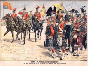 Kung Edward VII granskar Highland-trupper. I England. Kung Edward VII (1841-1910) godkände granskningen av högländare. Illustration för Le petit Journal, 8 oktober 1905. av French School