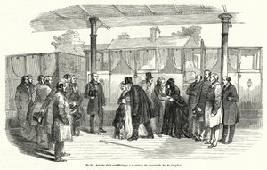 Kung Louis-Philippe av Frankrike anländer till Croydons järnvägsstation efter att ha tvingats i exil, februari 1848 (gravyr) av French School