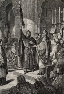 Kung Ludvig VII (1120-1180) tar oriflamen vid basilikan Saint Denis (Saint Denis) i närvaro av drottning Alienor av Aquitaine och tar emot humlan och pannetieren av pelerin från påven Eugene III:s händer (? -1153) före hans avgång av French School
