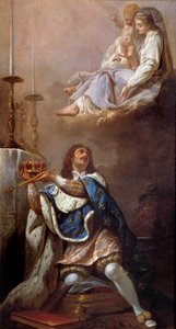 Kung Ludvig XIII erbjuder sin krona till den franska skolans jungfrumålning. Versailles från 1600-talet. Vår Fru av Versailles kyrka av French School