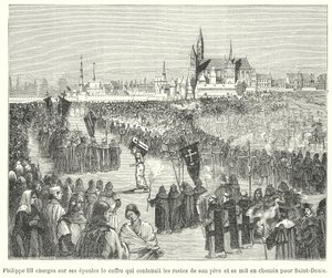 Kung Filip III av Frankrike bär benen av sin far, Ludvig IX, till sin begravning i basilikan St Denis, Paris av French School