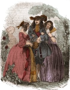 Kung av Frankrike Ludvig XIV (1638-1715) med Hortense Mancini (1646-1699) och hans syster Marie Mancini (1639-1715). Systerdotter till Mazarin. Gravyr av 1800-talet. av French School