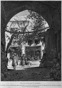 Koranskola i skomakarens baazar, från La Terre Sainte av Victor Guerin, 1884 (bw gravyr) av French School