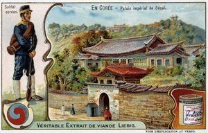 Korea: Seouls kejserliga palats och soldatdräkt - Liébig chromo, v.1900 av French School