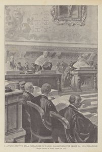 Dreyfusaffären Vid Paris-kassationen läser Ballot-Beaupre sin rapport (litho) av French School