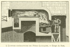 Pere-Lachaise-krematoriet, sektion av ugnen (gravyr) av French School