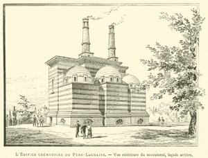 Pere-Lachaise Crematorium Building, Exteriör vy av monumentet, bakre fasad (gravyr) av French School