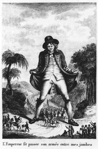 Kejsaren skickade sin armé mellan mina ben, hämtad från en fransk översättning av Gullivers Travels av French School