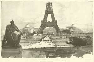Den allmänna utställningen 1889, Tillståndet för Champ de Mars verk, Utsikt från Trocadero-palatset, enligt fotografiet av M H-C Godefroy (gravyr) av French School
