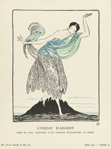 Silverfågeln. Aftonklänning, bestående av en halsduk som omsluter bysten från La Gazette du Bon Ton, pub. 1914 (stenciltryck) av French School