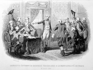 La Fayette (Lafayette) erbjuder Cocard Tricolore till Paris kommun (31 augusti 1789) - i "Fastes de Gardes Nationales de France"" av French School
