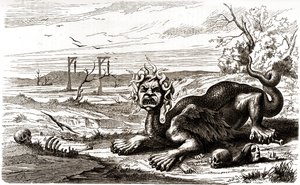 La Frond (1648-1653): ett monstruöst djur med ormhår, står över människolik och skelett av French School