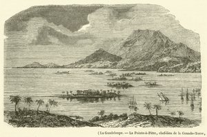 Guadeloupe, La Pointe-a-Pitre, huvudstad i Grande-Terre, förstördes delvis av jordbävningen den 8 februari 1843 (gravyr) av French School