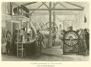 Det elektriska ljuset vid huvudkontoret i Paris, Poste de la Butte Montmartre (gravyr) av French School