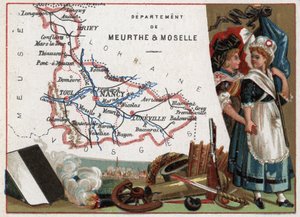 La Meurthe et Moselle (Meurthe-Et-Moselle, 54), Lorraine, Frankrike. Porträtt av två revolutionära kvinnor. Serie om de franska departementen. Kromolitografi (Chromo) "" den geografiska tråden"", ca 1920. Privat samling. av French School